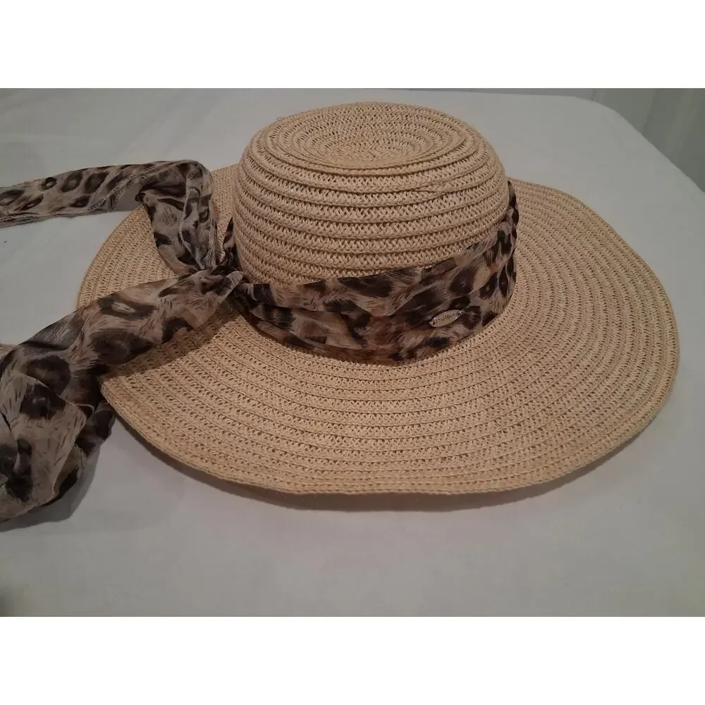 Women's Tan Straw Sun Hat Leopard Scarf Tie Wide Brim Style CS-7-8 Size 57cm
